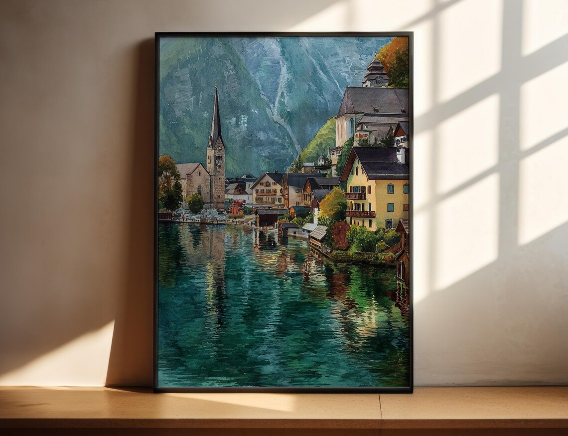 Hallstatt Austria Lakeside Village Church Watercolor Art Poster