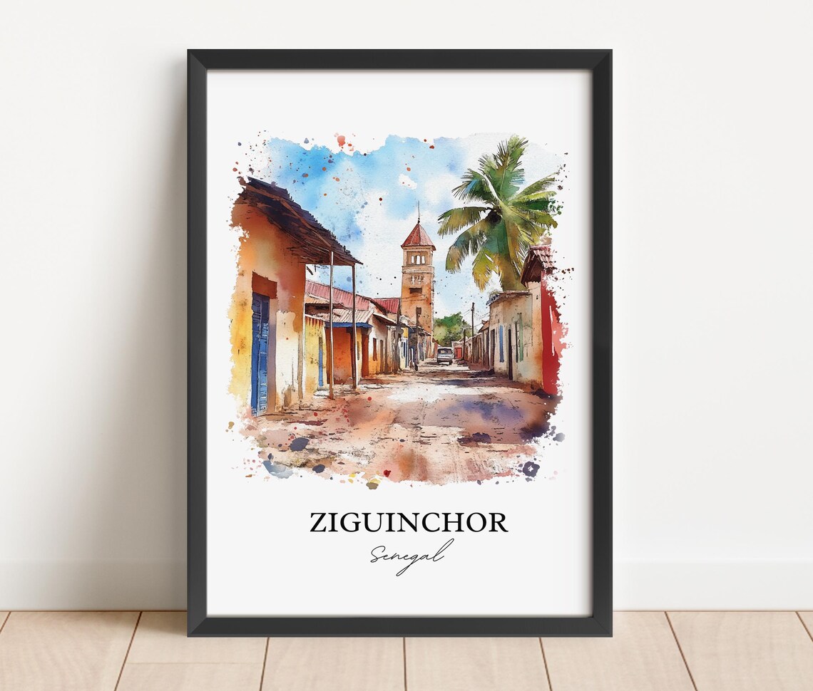Ziguinchor Senegal Colonial Street Watercolor Travel Art Poster - Image 3