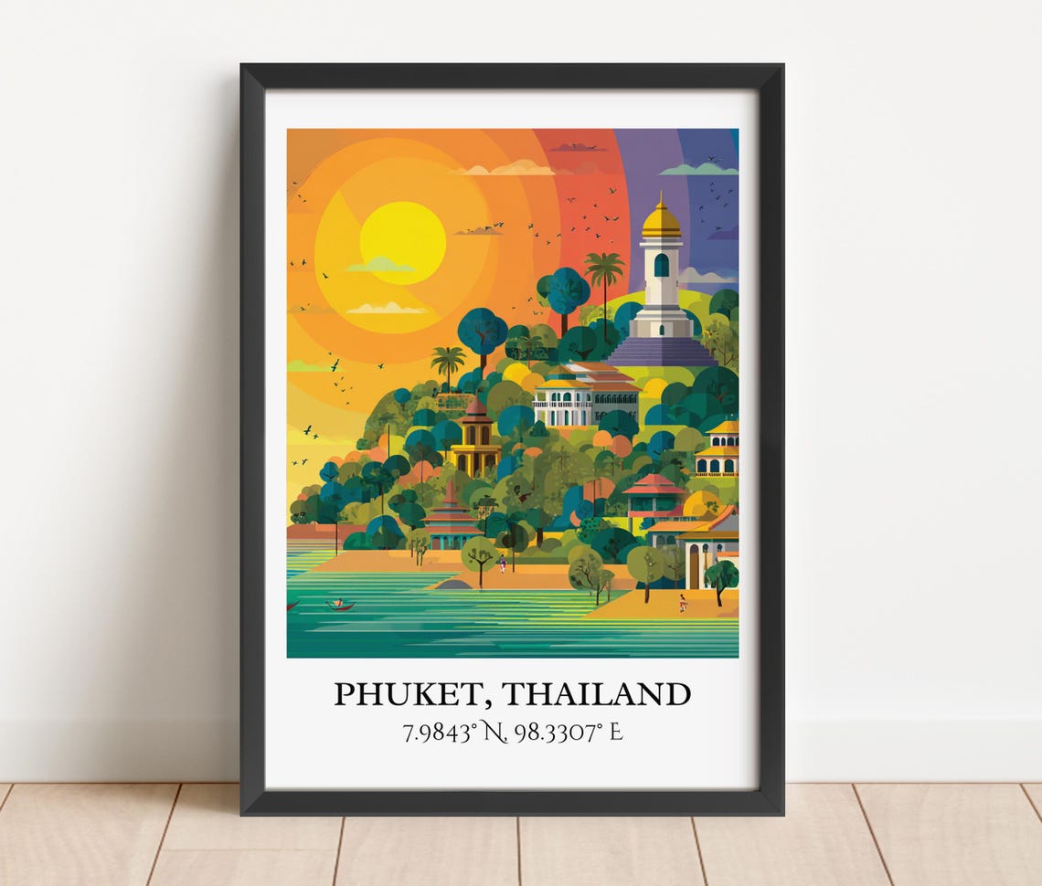 Phuket Thailand Sunset Hill Temple Bell Tower Retro Travel Art Poster - Image 2