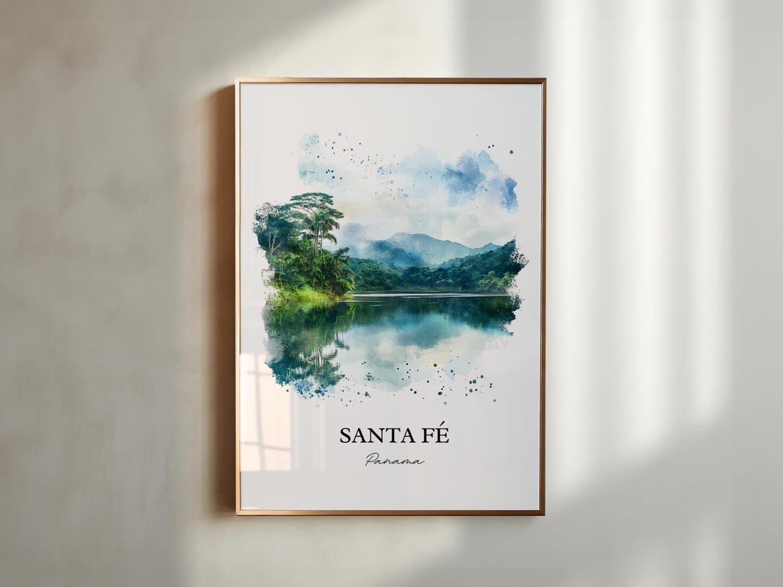 Santa Fe Panama Watercolor Mountain Lake Reflection Travel Poster - Image 5