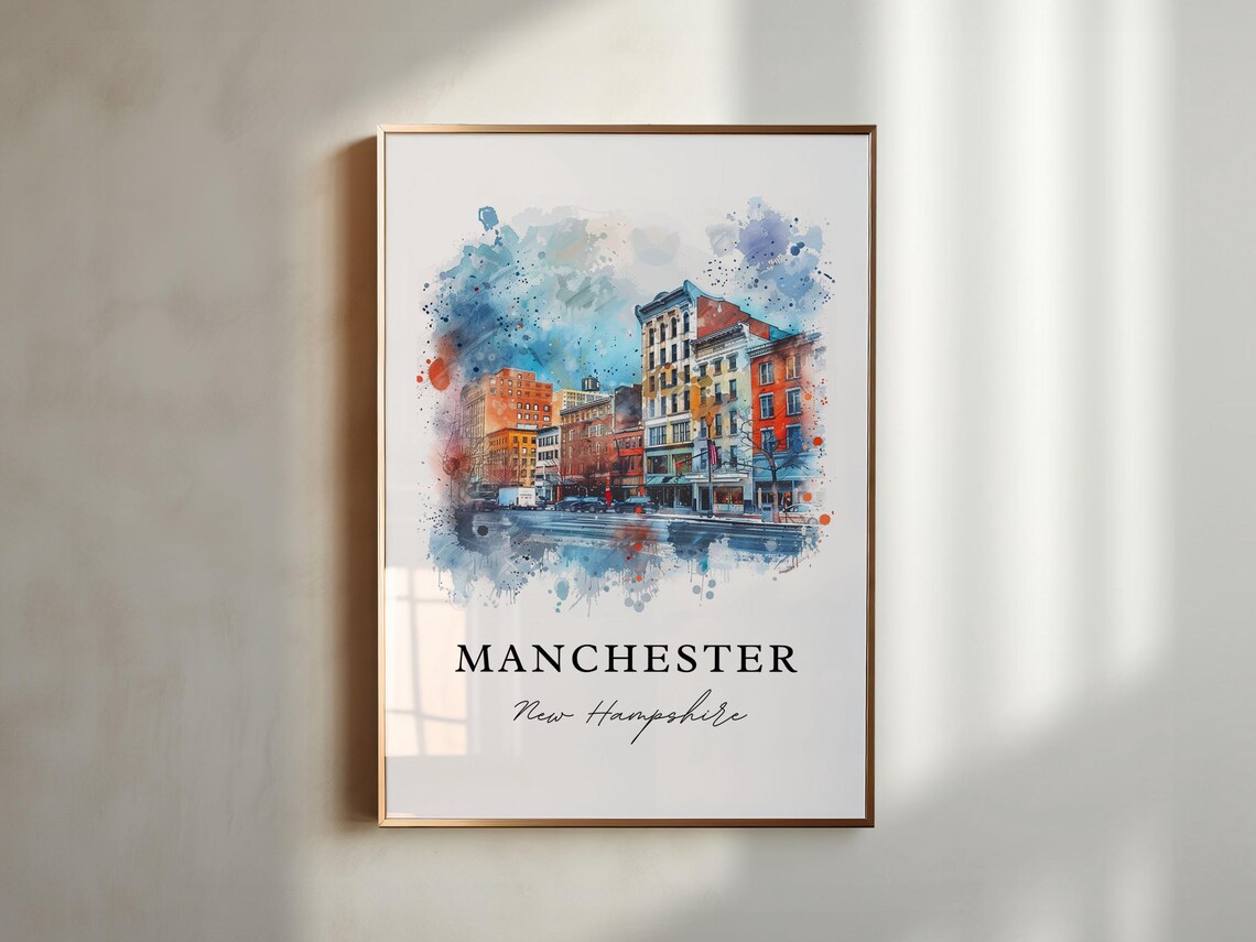 Manchester New Hampshire Downtown Brick Street Watercolor Poster - Image 4