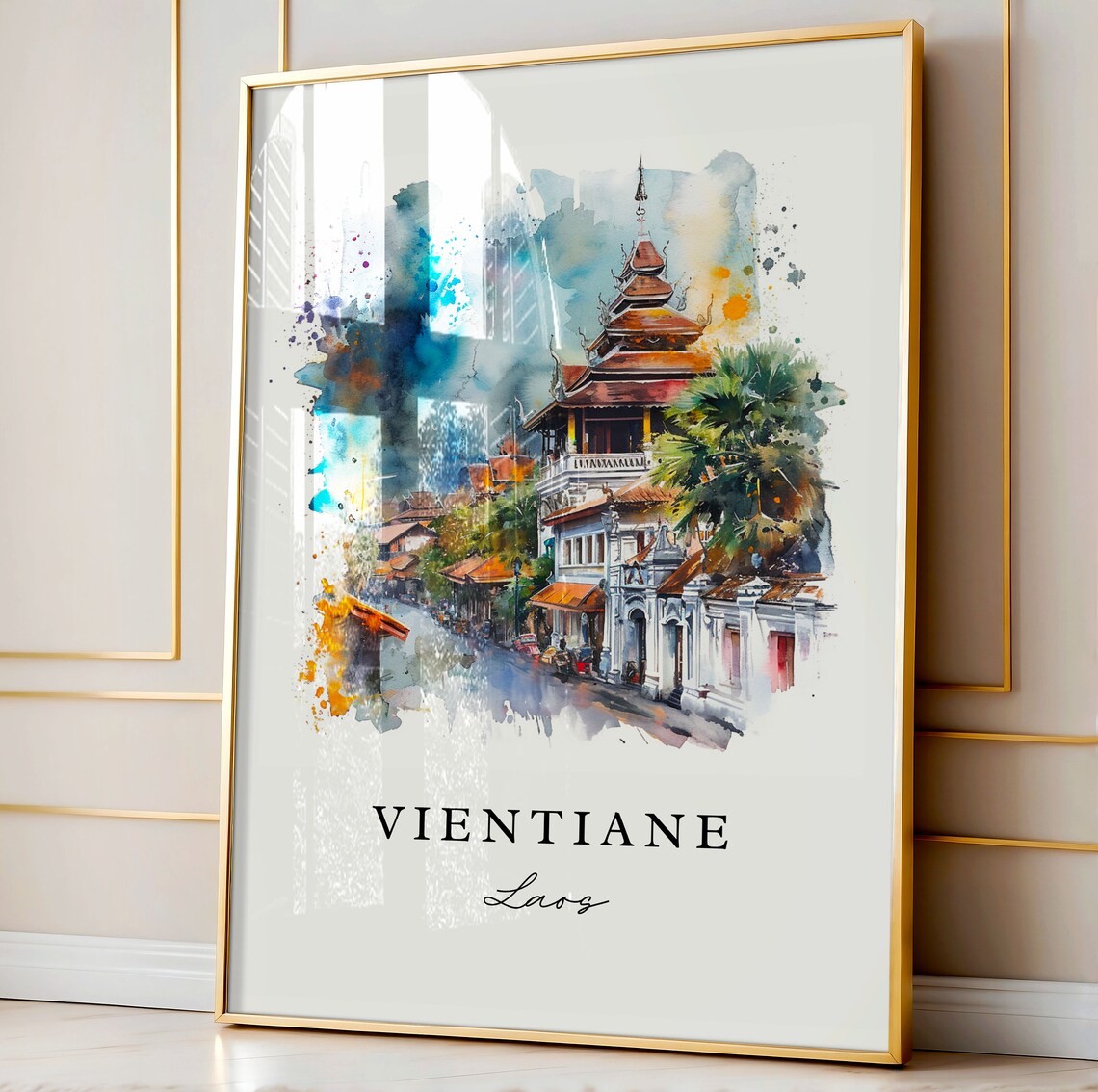 Vientiane Laos Watercolor Temple Street Pagoda Travel Poster - Image 5