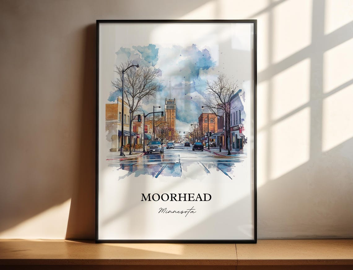 Moorhead Minnesota Downtown Street Tower Watercolor Art Poster - Image 4