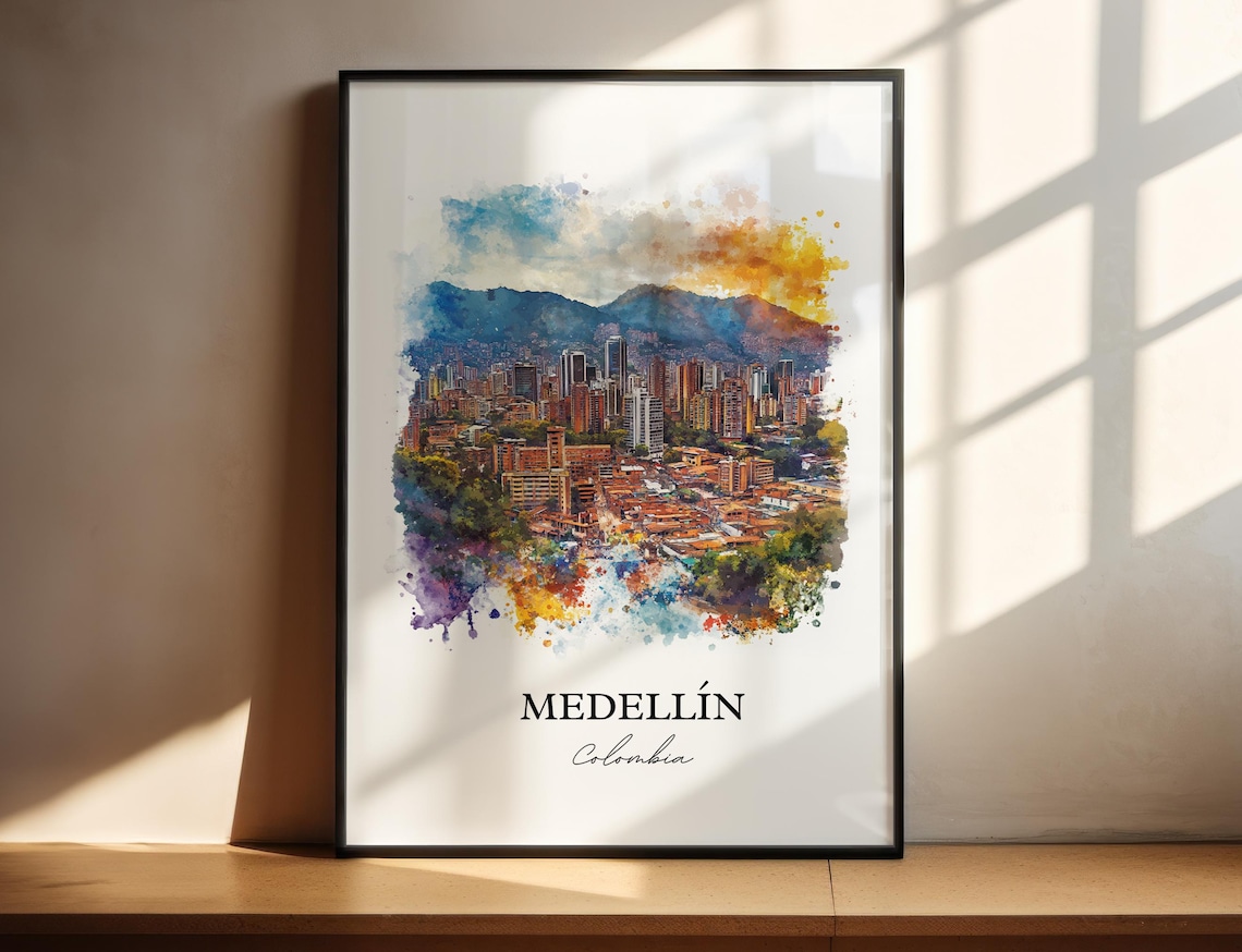 Medellin Colombia Watercolor City Towers Mountain Sunset Poster