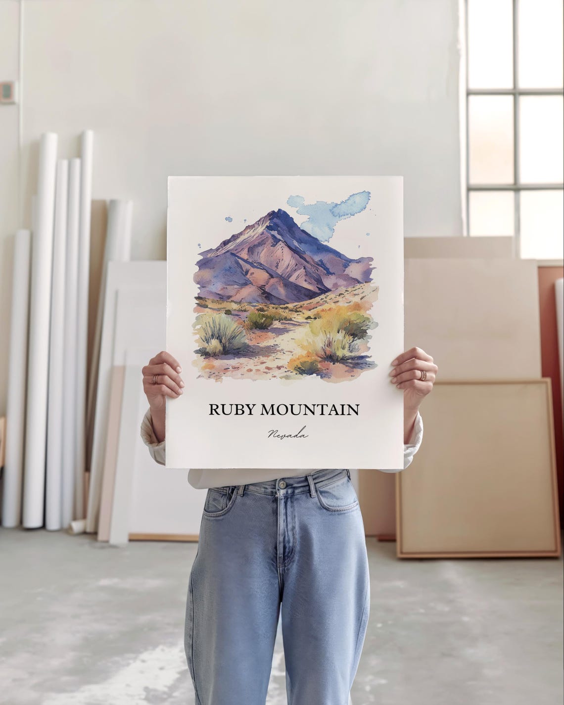 Ruby Mountain Nevada Desert Peak Watercolor Landscape Travel Poster - Image 2