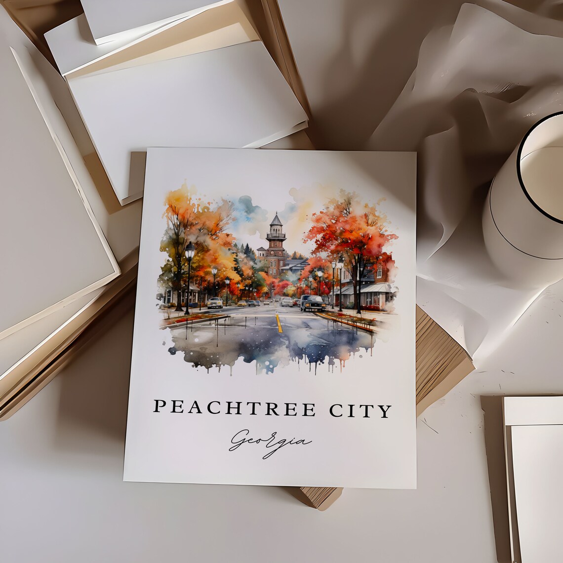 Peachtree City Georgia Watercolor Autumn Street Clock Tower Poster - Image 6