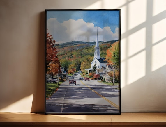 Stowe Vermont Fall Main Street White Church Steeple Watercolor Wall Art