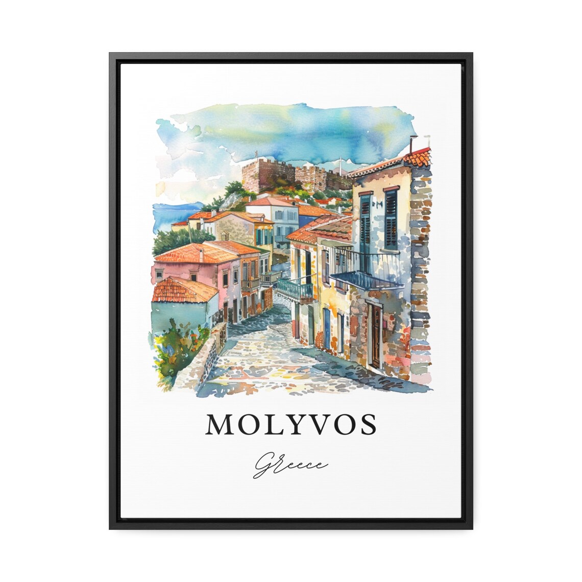 Molyvos Greece Cobblestone Street Castle Watercolor Village Poster - Image 3