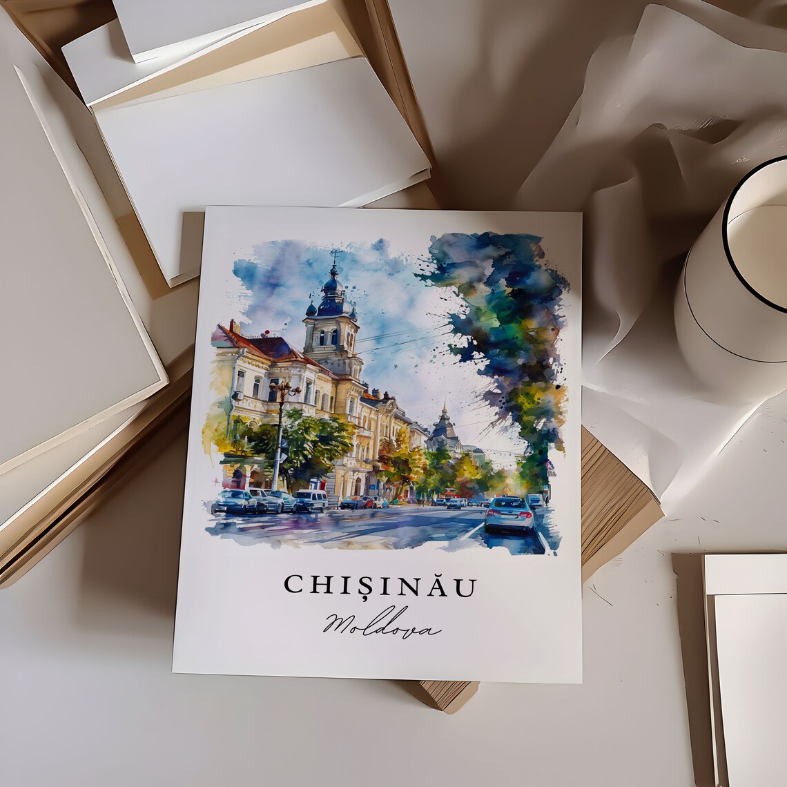 Chisinau Moldova City Street Bell Tower Watercolor Travel Poster - Image 6