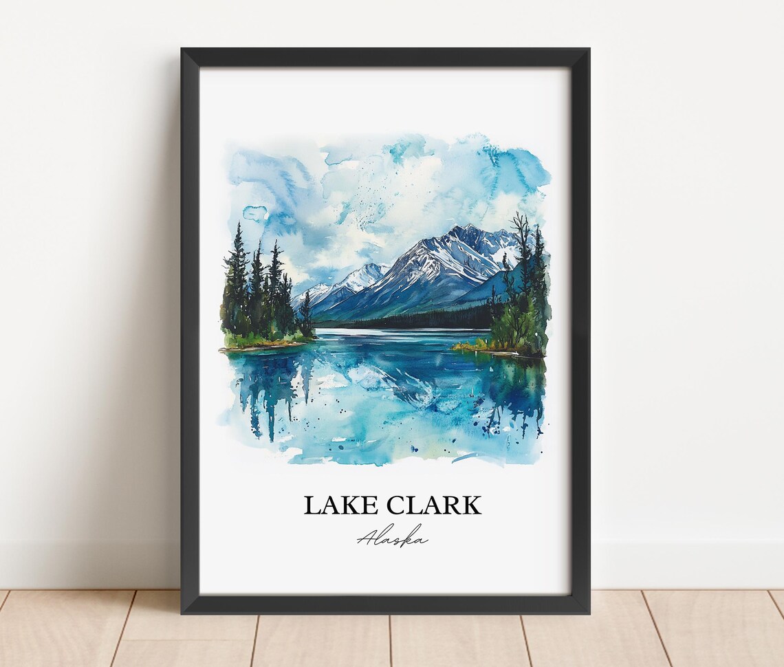 Lake Clark Alaska Mountain Lake Reflection Watercolor Travel Poster - Image 2