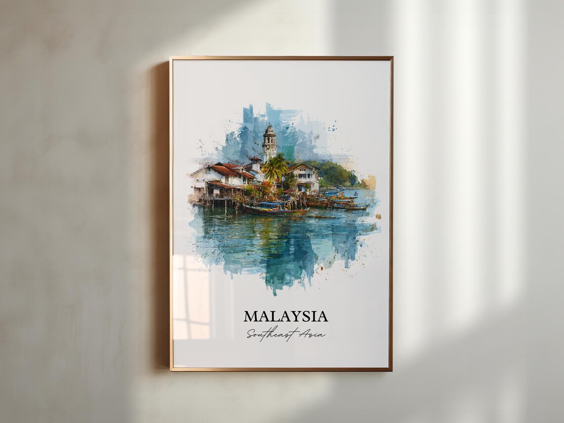Malaysia Southeast Asia Stilt Fishing Village Watercolor Poster - Image 6
