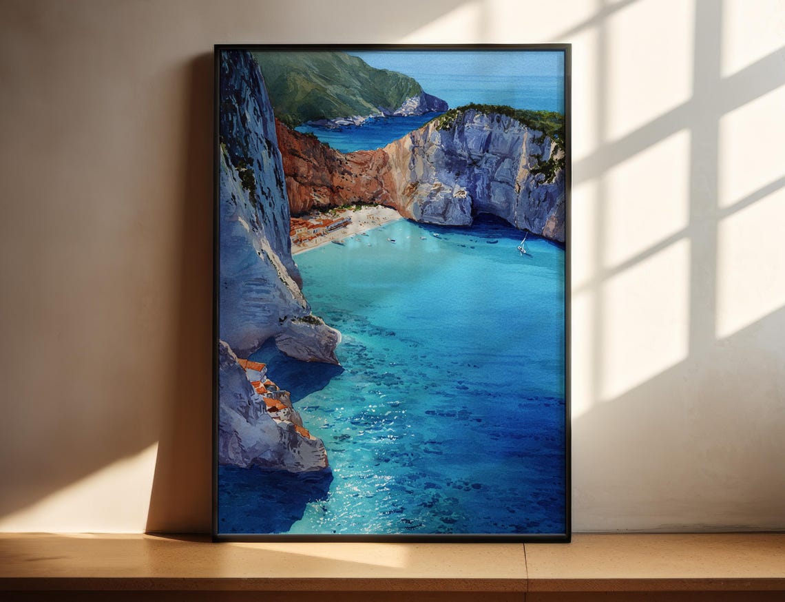 Greek Island Cliffside Beach Cove Turquoise Watercolor Poster
