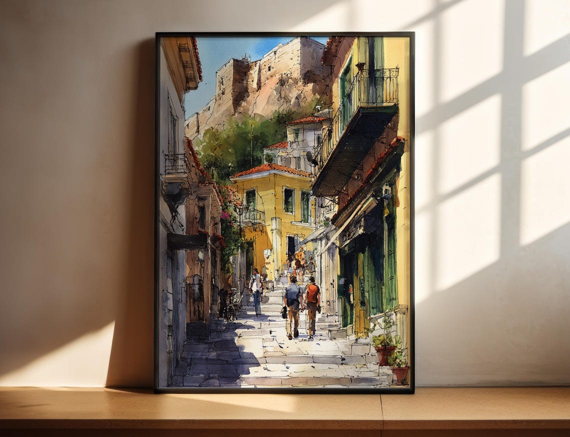 Athens Greece Watercolor Poster Acropolis Old Town Street Scene Art