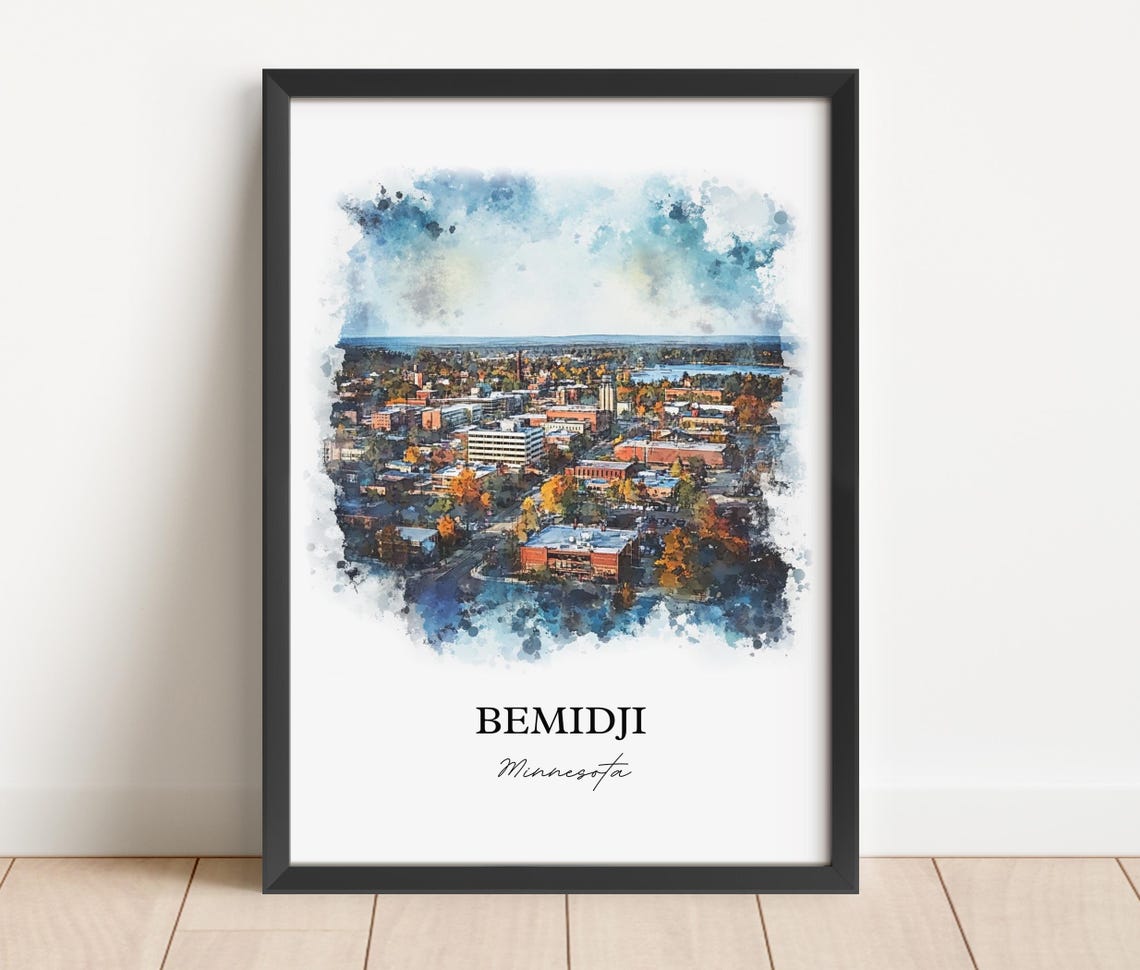 Bemidji Minnesota Aerial Downtown Autumn Trees Watercolor Poster