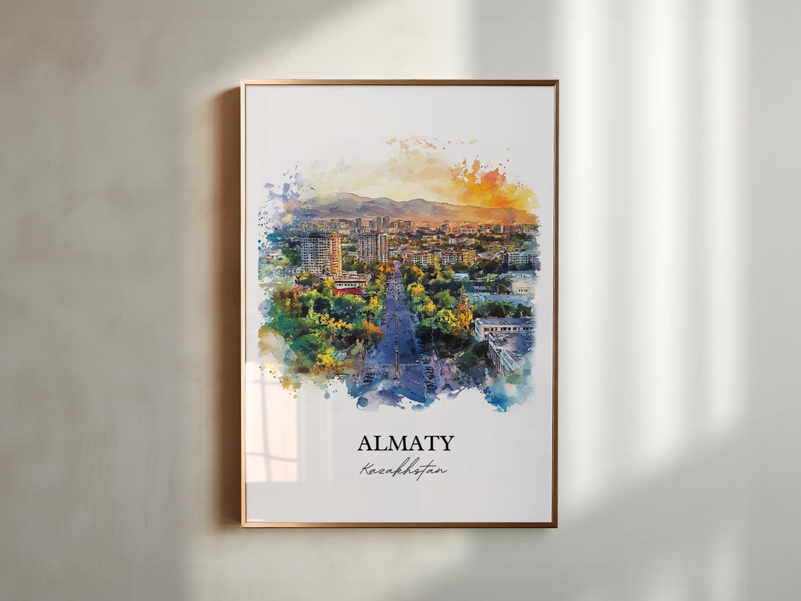 Almaty Kazakhstan Watercolor Green City Mountain View Travel Poster - Image 5