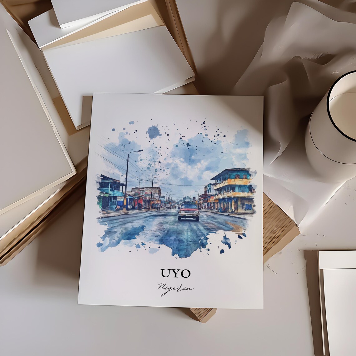 Uyo Nigeria African Watercolor Rainy Street Car Scene Poster - Image 3