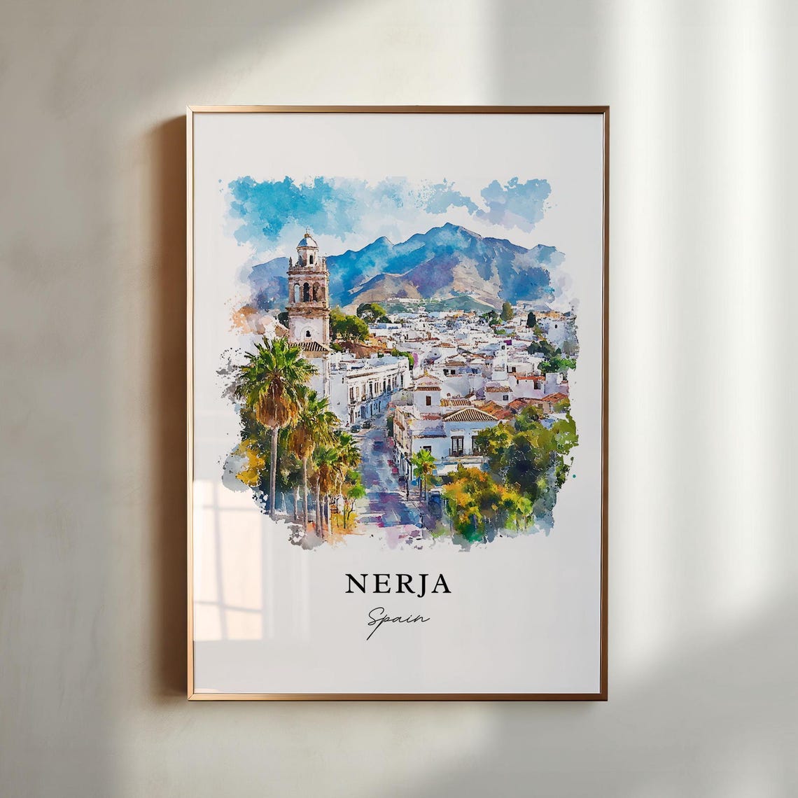 Nerja Spain White Town Watercolor Mountain Street Travel Art Poster