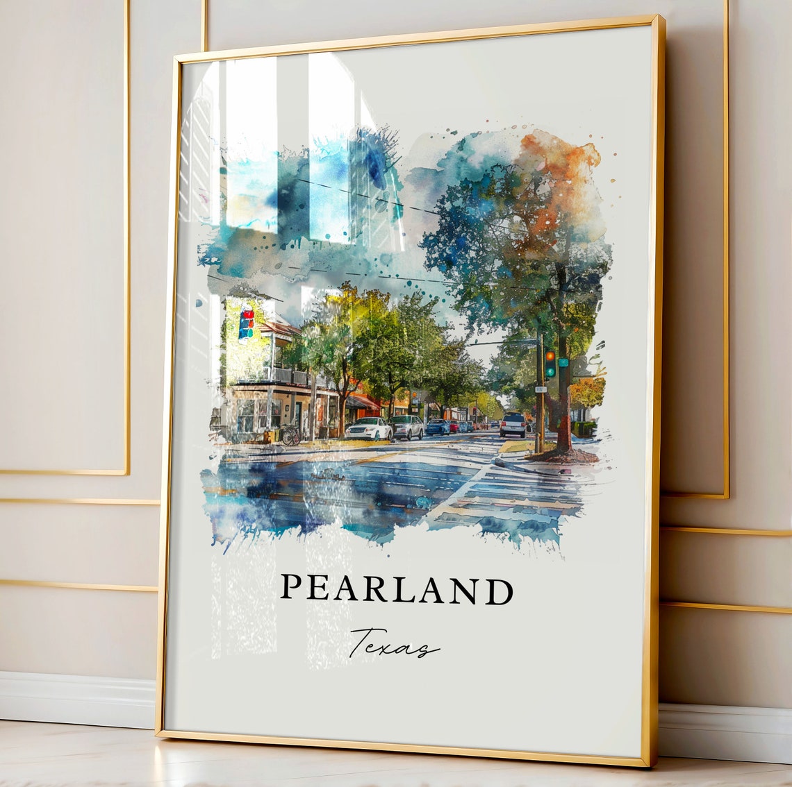 Pearland Texas Watercolor Street Scene Shops Traffic Light Poster - Image 3