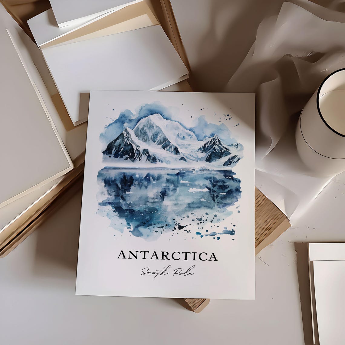 Antarctica South Pole Icy Peaks Glacial Reflection Watercolor Poster - Image 2