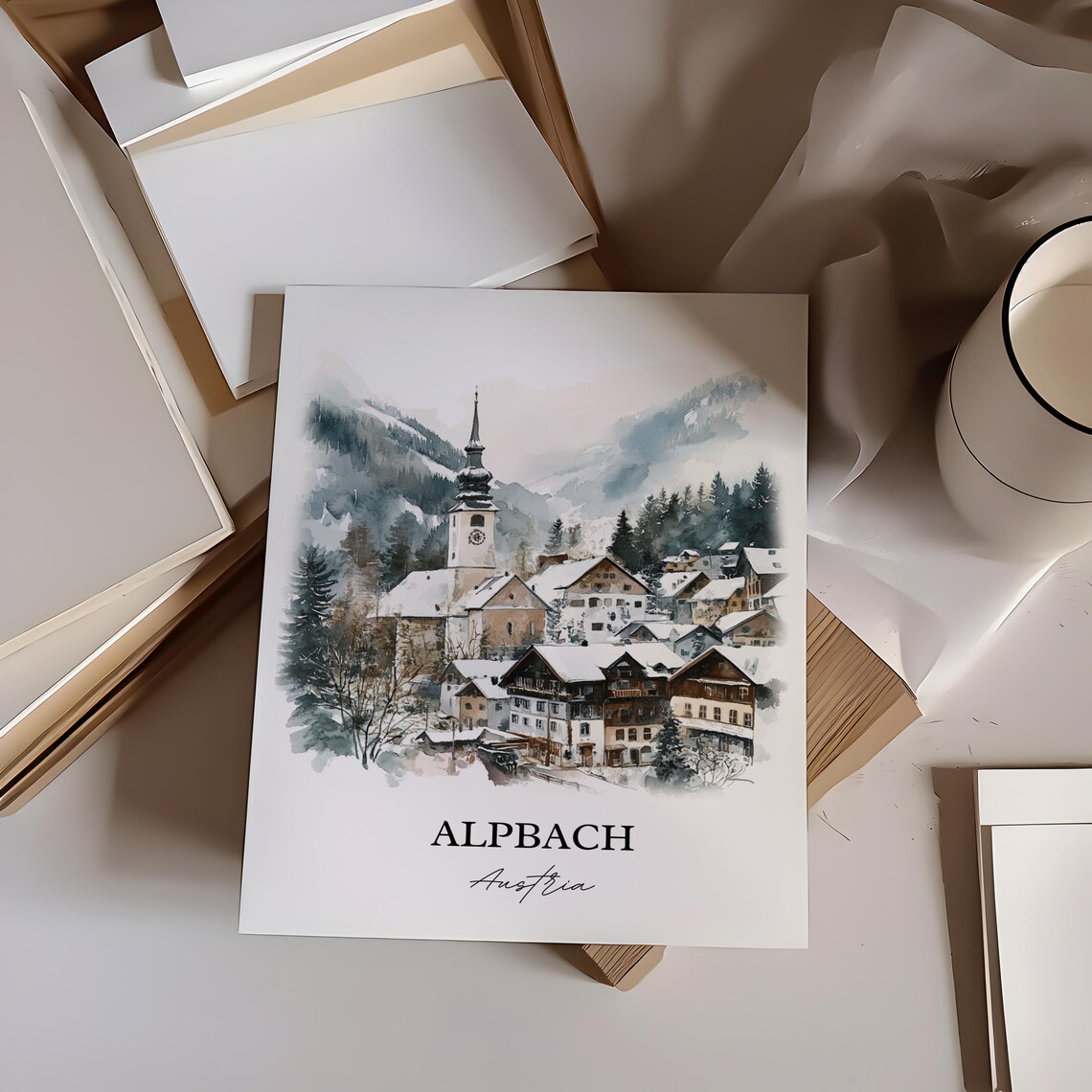 Alpbach Austria Watercolor Snowy Alpine Village Church Winter Poster - Image 2