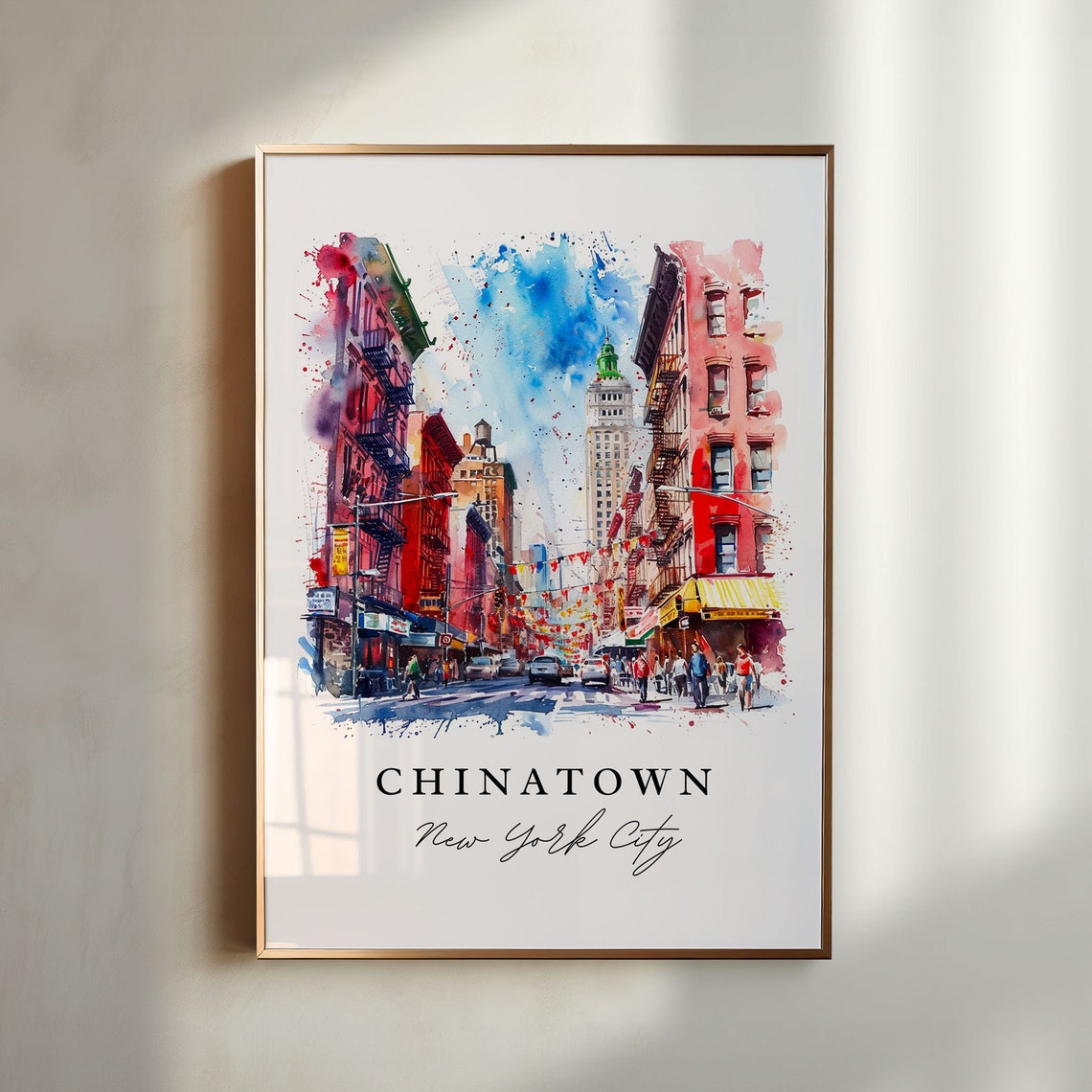 Chinatown NYC Watercolor Travel Poster, Downtown Manhattan