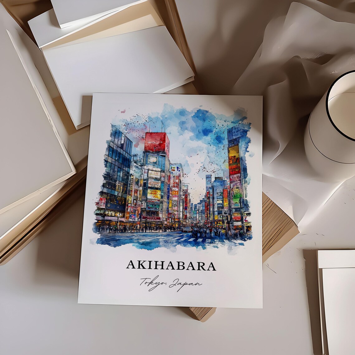 Akihabara District Tokyo Japan Neon Street Watercolor Art Poster - Image 4