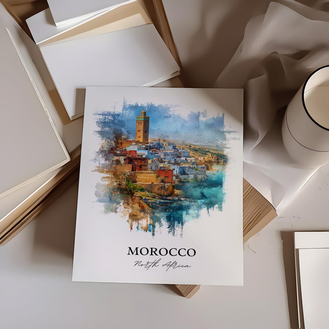 Morocco North Africa Ancient Minaret Old Town Watercolor Poster - Image 3