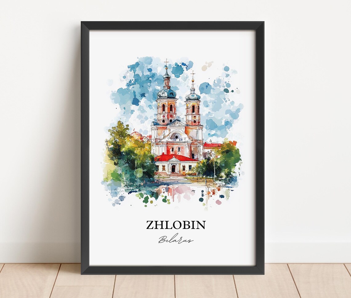Zhlobin Belarus Twin Towered Church in Green Watercolor Poster - Image 4