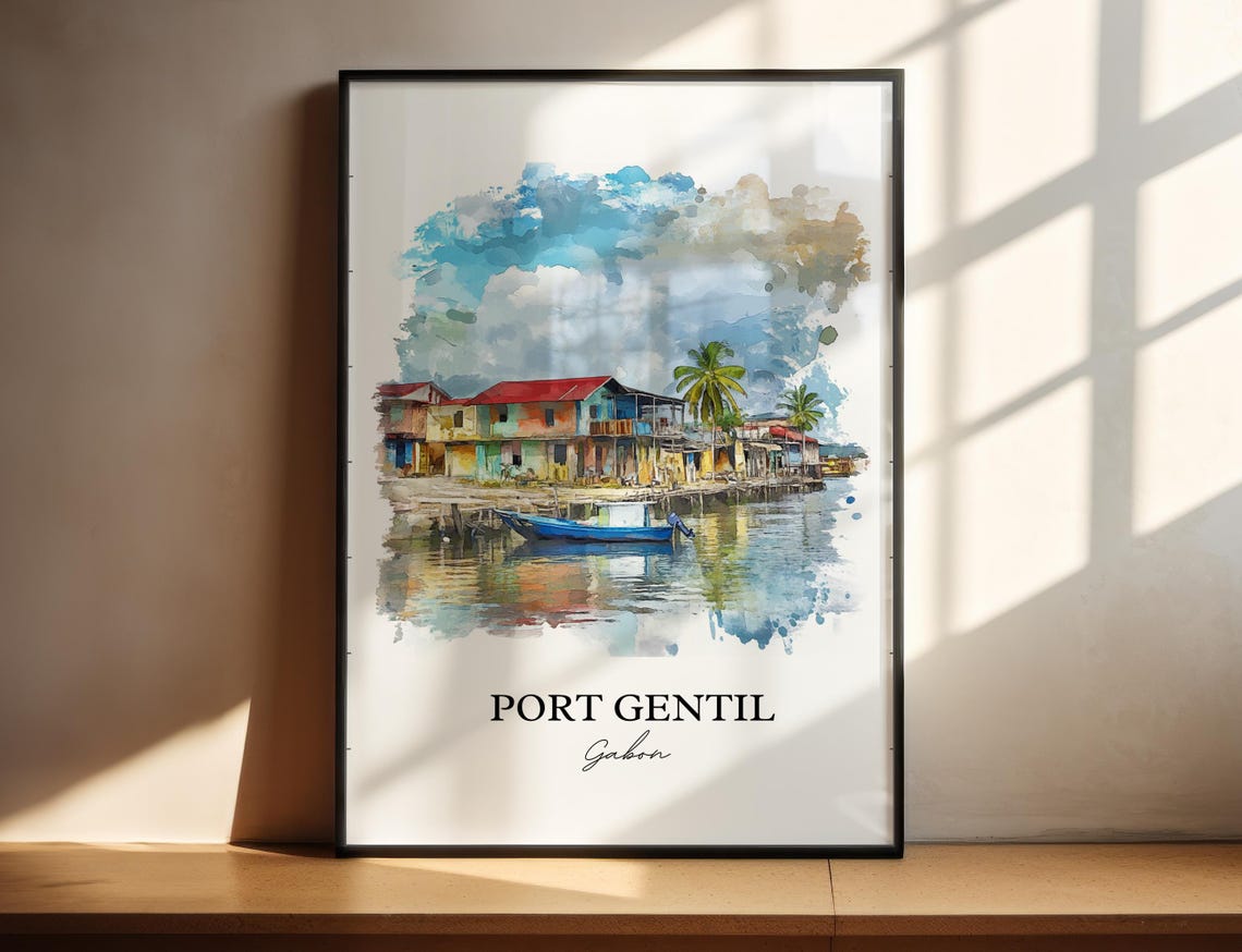 Port Gentil Gabon Waterfront Stilt Houses Watercolor Art Poster