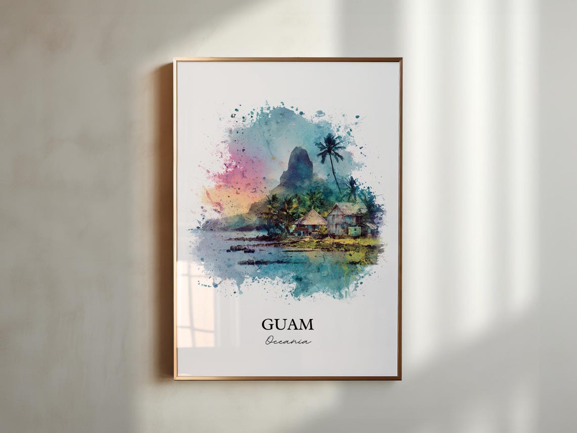 Guam Oceania Sunset Lagoon Huts Peak Watercolor Travel Poster - Image 2