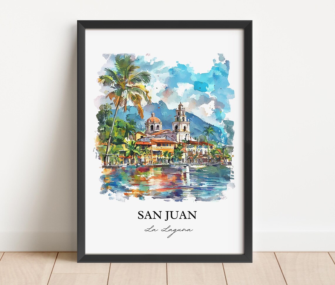 San Pedro La Laguna Guatemala Watercolor Church Volcano Town Poster - Image 2
