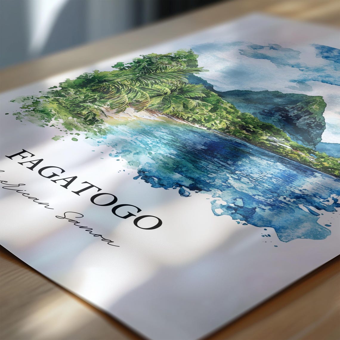 Fagatogo American Samoa Lush Peaks Bay Palm Watercolor Poster - Image 7