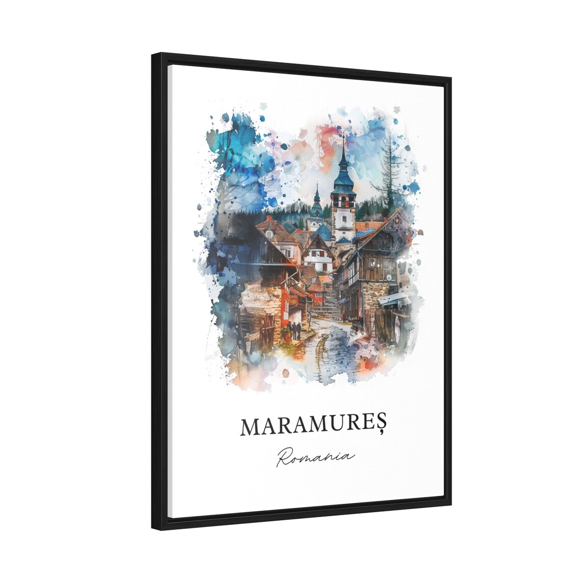 Maramures Romania Watercolor Village Street Tall Church Spire Poster - Image 2