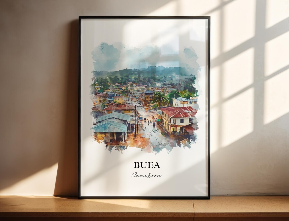 Buea Cameroon Hillside Town Watercolor Scenic Travel Poster Art