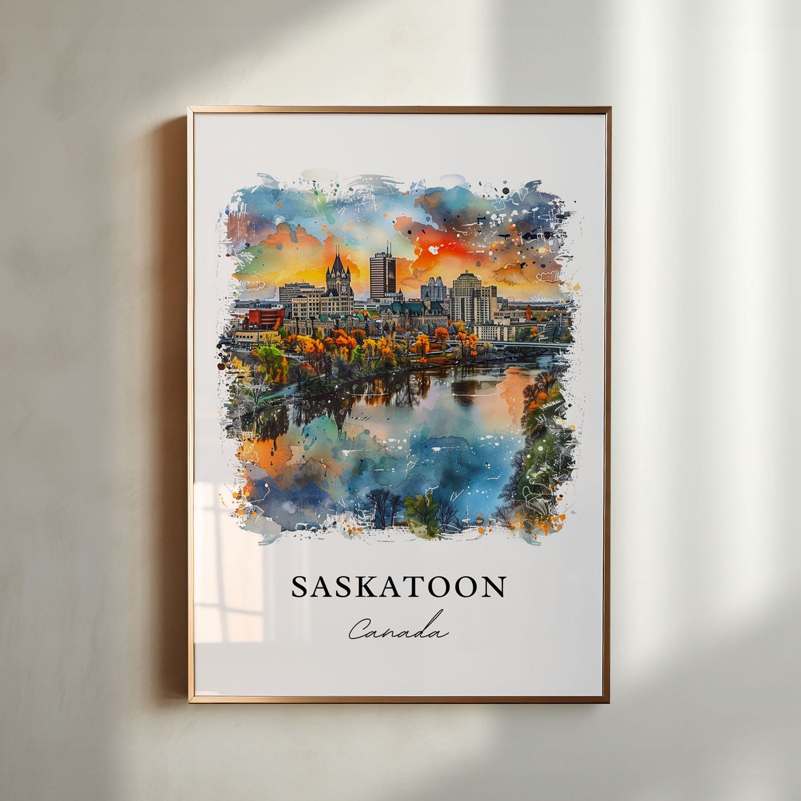 Saskatoon Canada Sunset River Skyline Watercolor City Art Poster