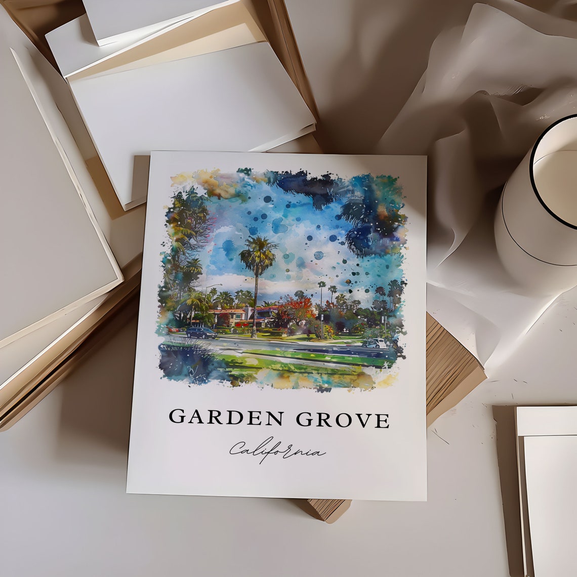 Garden Grove California Palm Tree Boulevard Watercolor Poster - Image 6