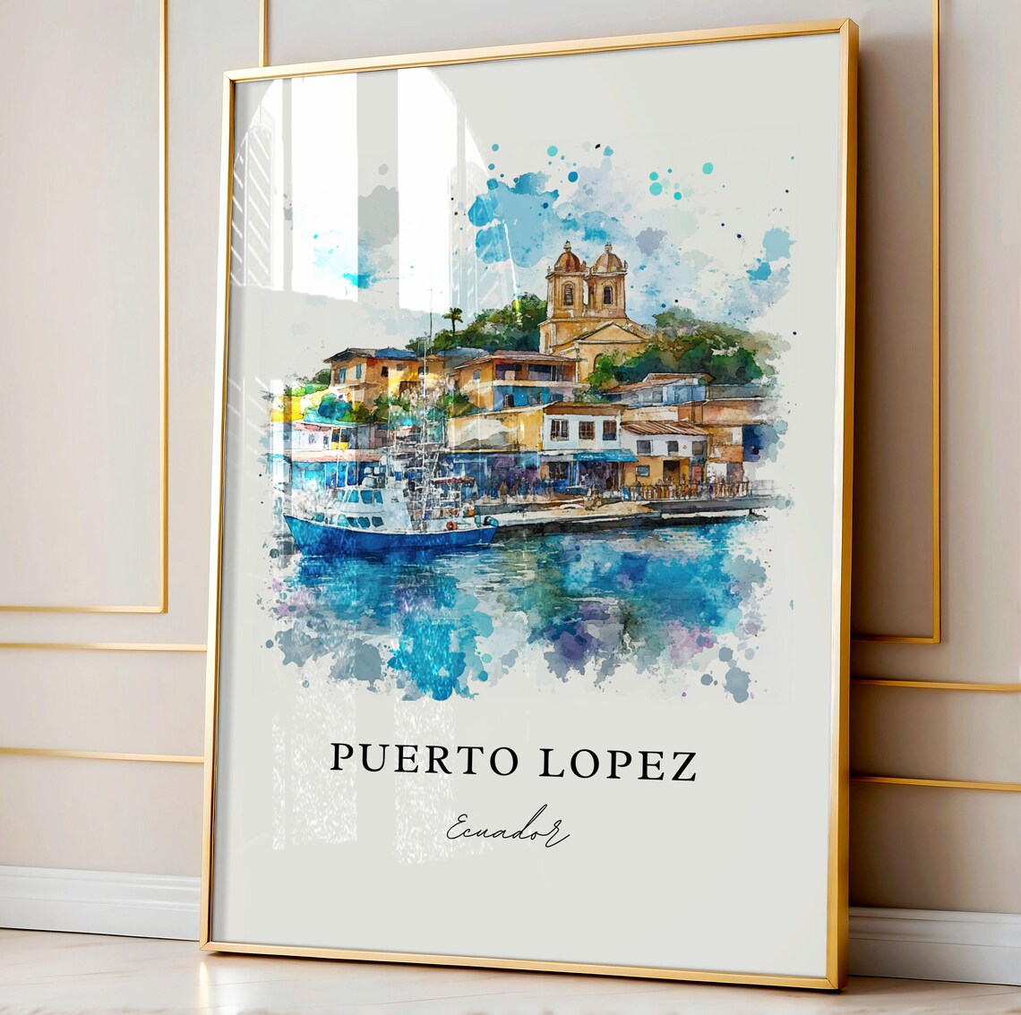 Puerto Lopez Ecuador Watercolor Fishing Harbor Boats Scene Poster - Image 3