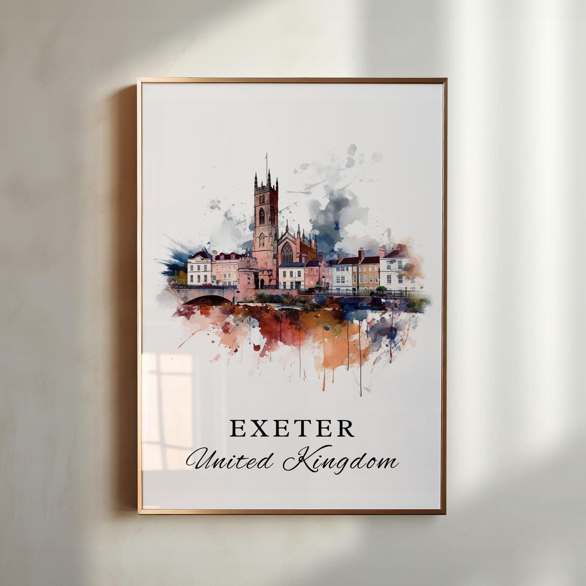 Exeter United Kingdom Cathedral City Watercolor Riverside Poster