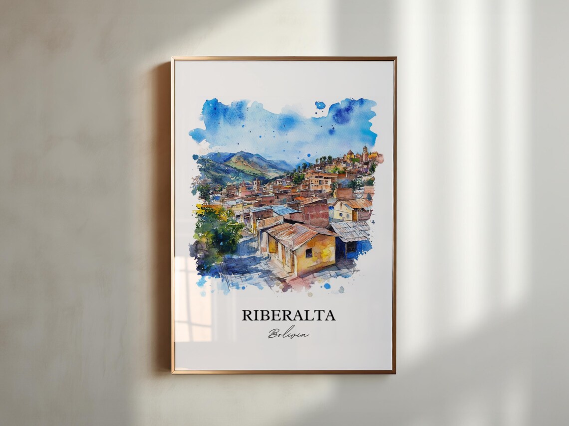 Riberalta Bolivia Watercolor Rustic Houses Hillside Town Poster - Image 4