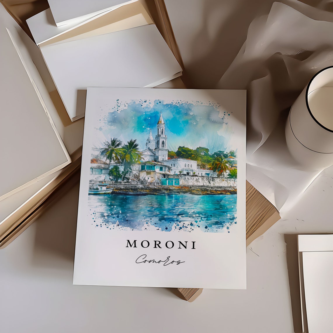 Moroni Comoros Harbor Mosque Watercolor Island Travel Poster - Image 7