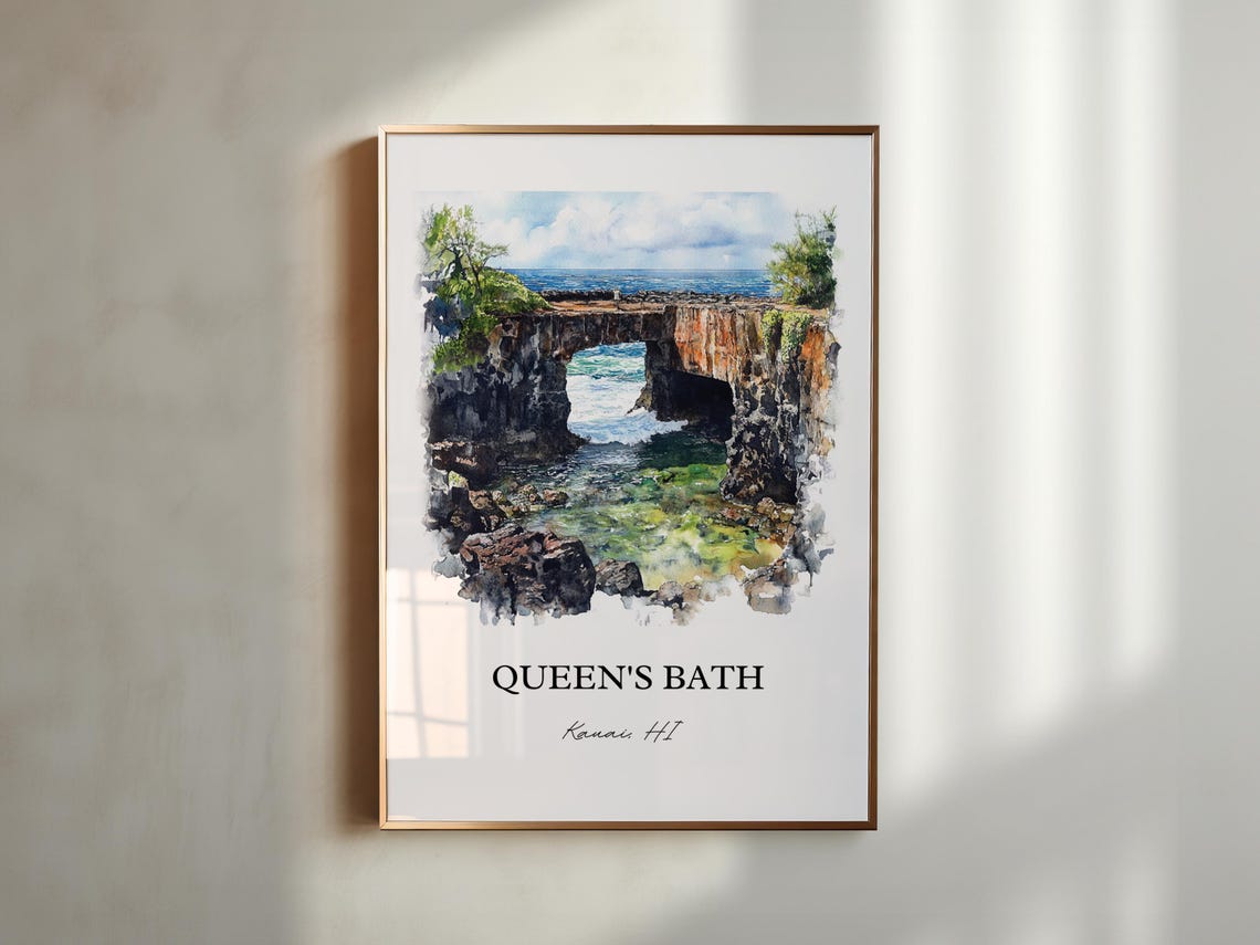 Queens Bath Kauai Hawaii Lava Rock Tide Pool Watercolor Poster - Image 3