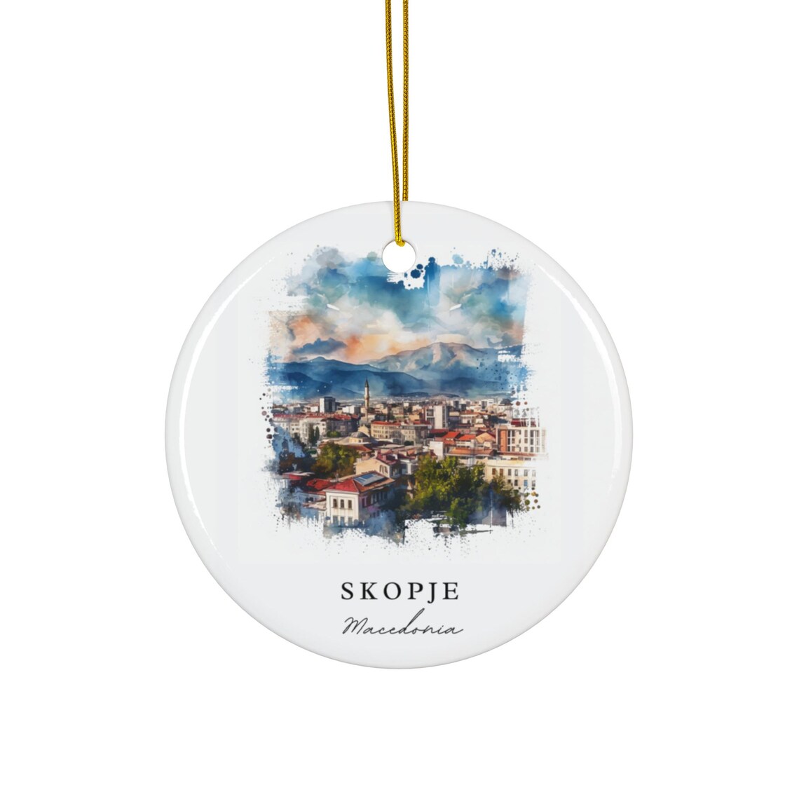 Skopje Macedonia Watercolor City Skyline Ornament Christmas Tree Gift