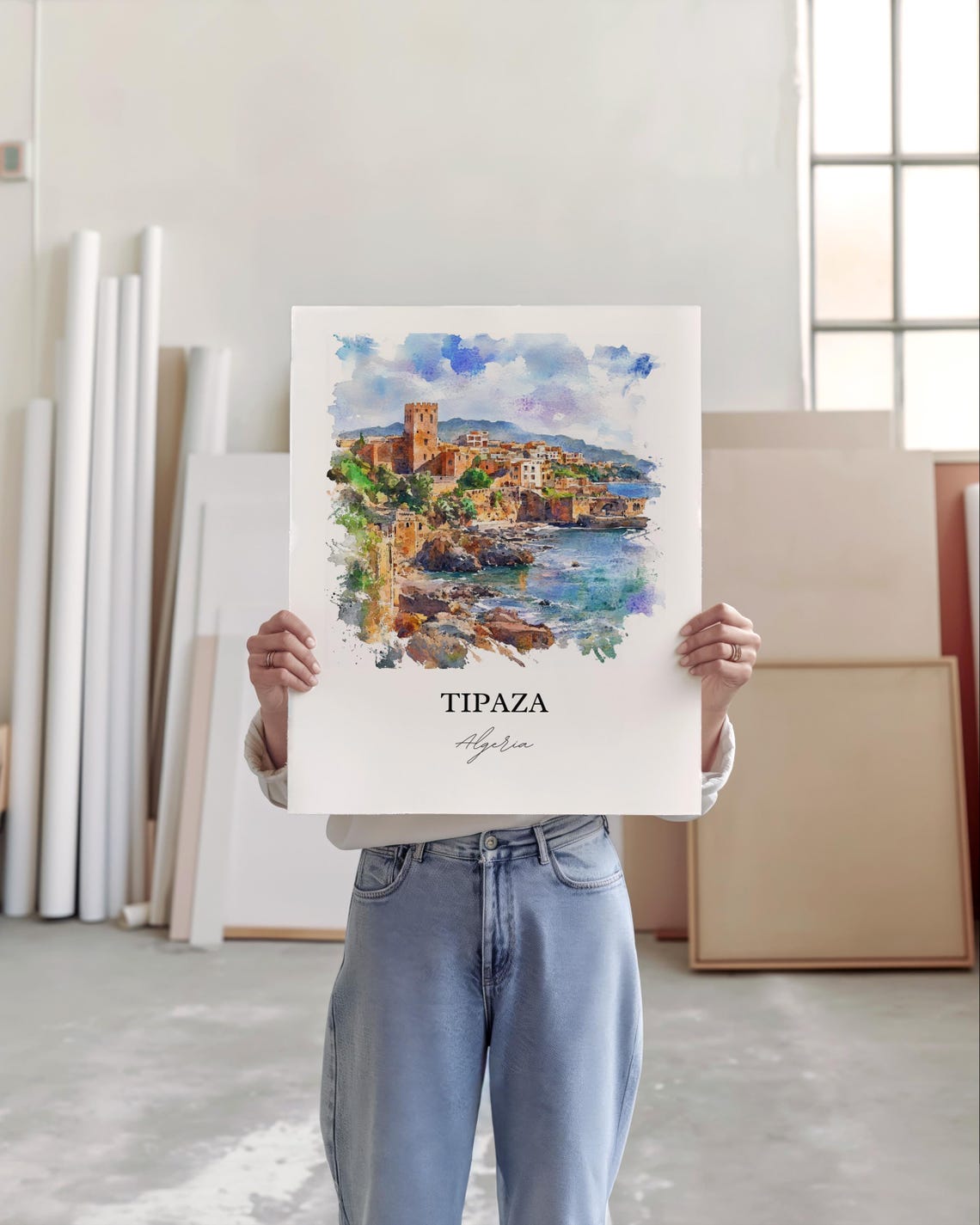 Tipaza Algeria Coastal Fort Town Harbor View Watercolor Poster - Image 2