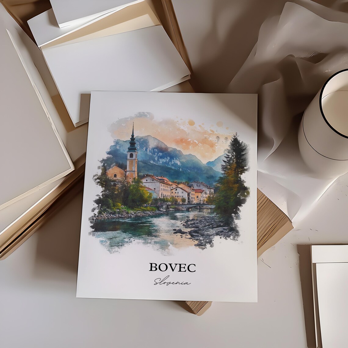 Bovec Slovenia Alpine Riverside Town Watercolor Skyline Travel Poster - Image 2