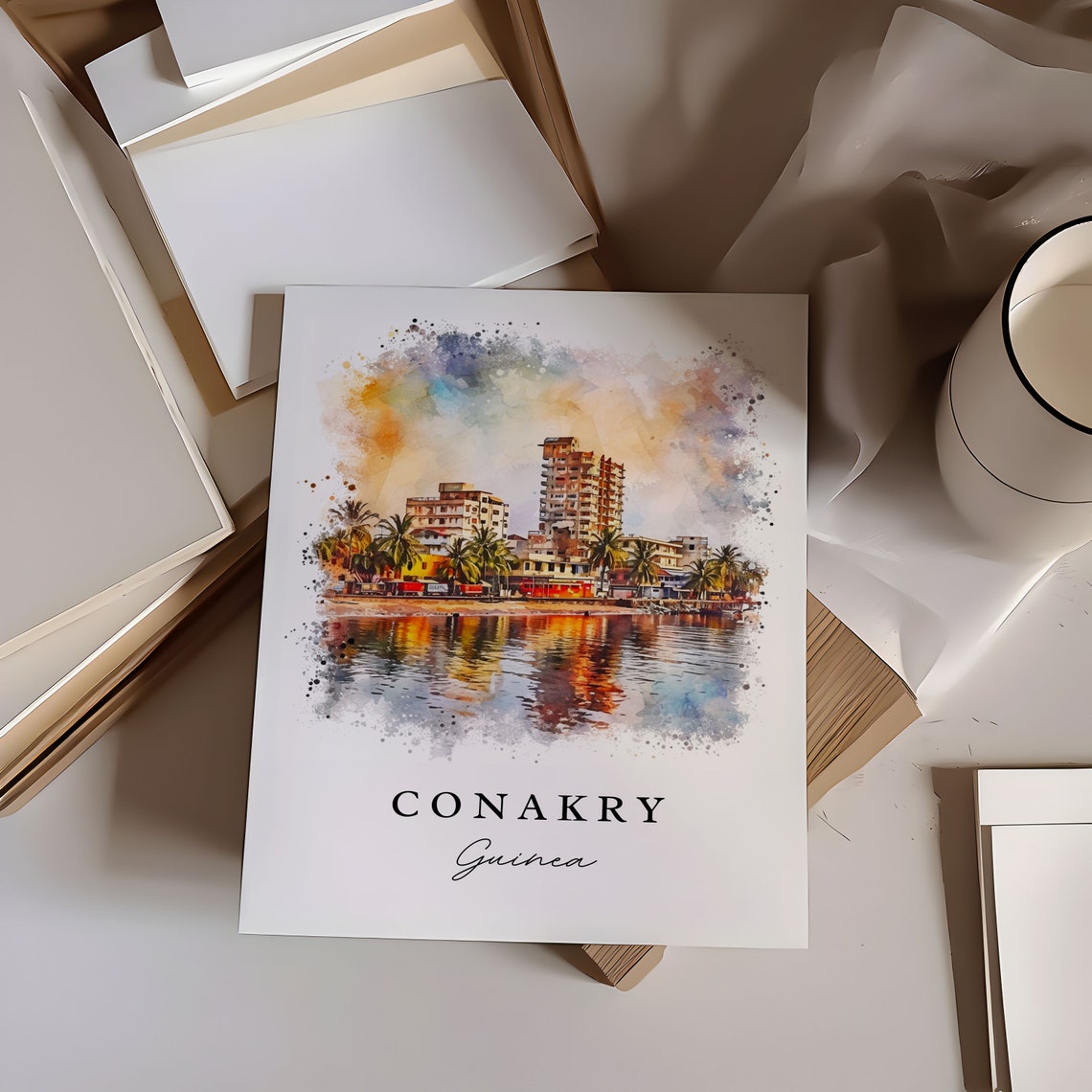 Conakry Guinea Waterfront Cityscape Watercolor Travel Poster - Image 7