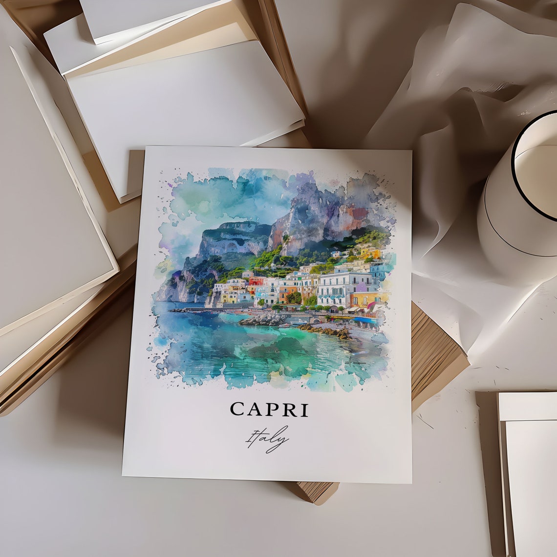 Capri Italy Island Harbor Rocky Cliffs Watercolor Travel Poster - Image 5