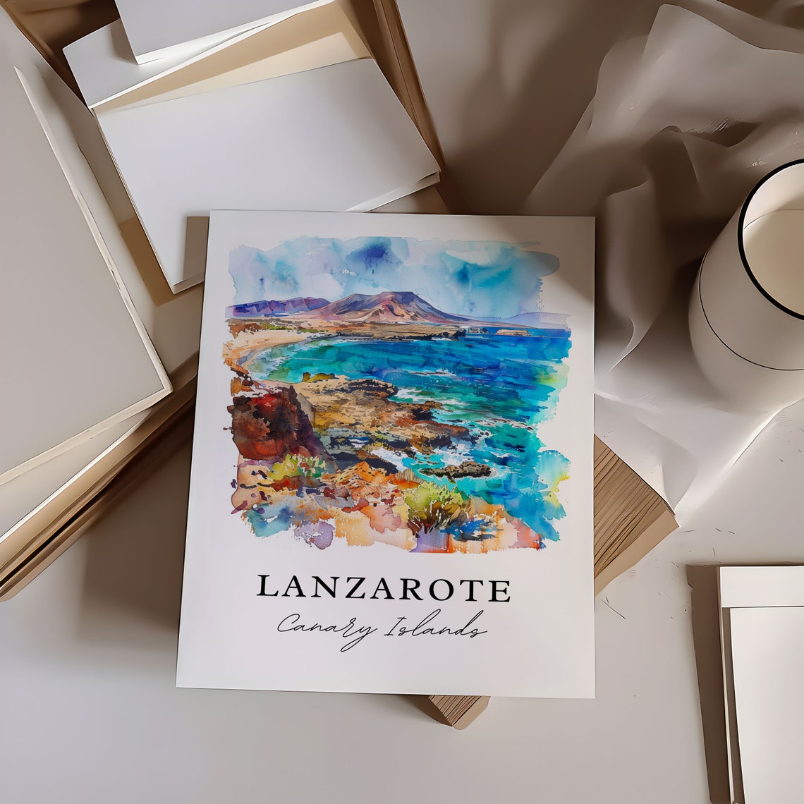 Lanzarote Canary Islands Volcanic Coast Watercolor Island Poster - Image 6