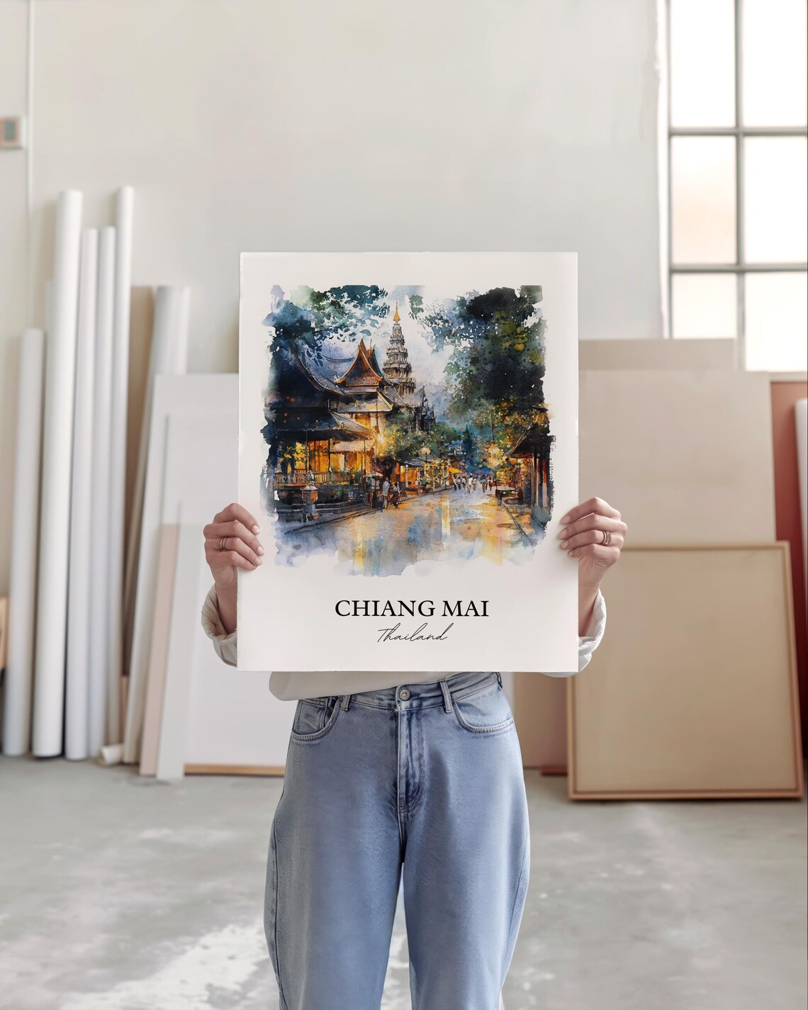 Chiang Mai Thailand Night Street Temple Watercolor Travel Poster - Image 5