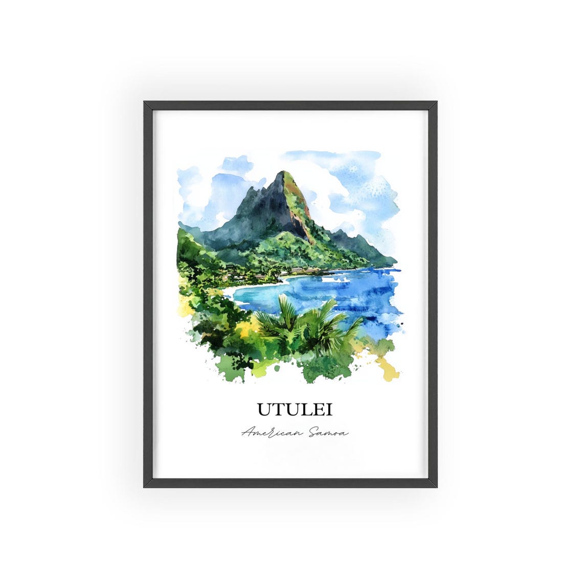 Utulei American Samoa Twin Peaks Bay Coastal Watercolor Poster - Image 2