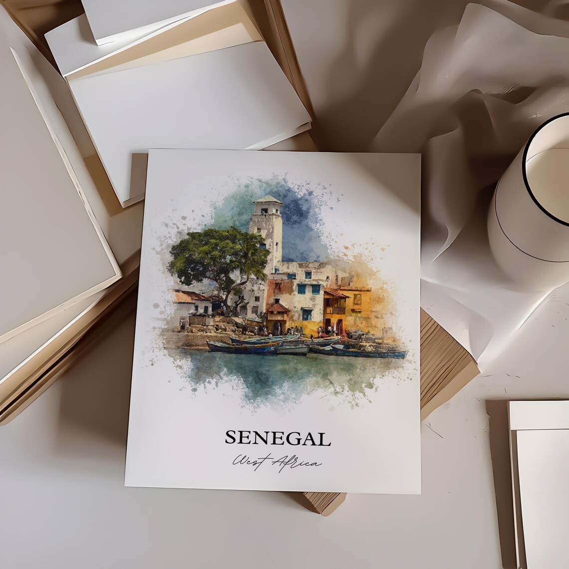 Senegal West Africa Fishing Harbor Boats Watercolor Travel Poster - Image 3
